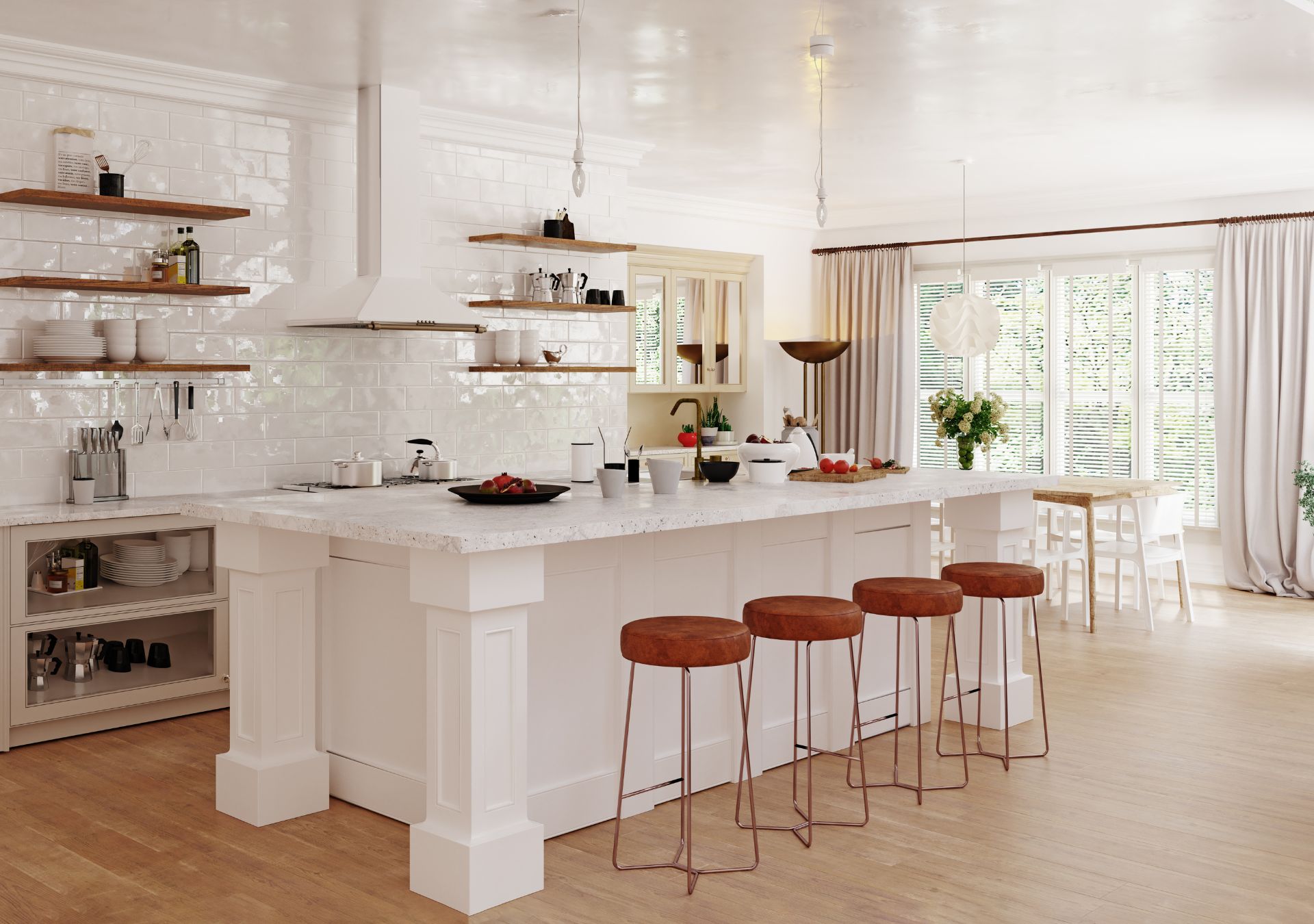 Bright white kitchen with island seating and open wood shelving
