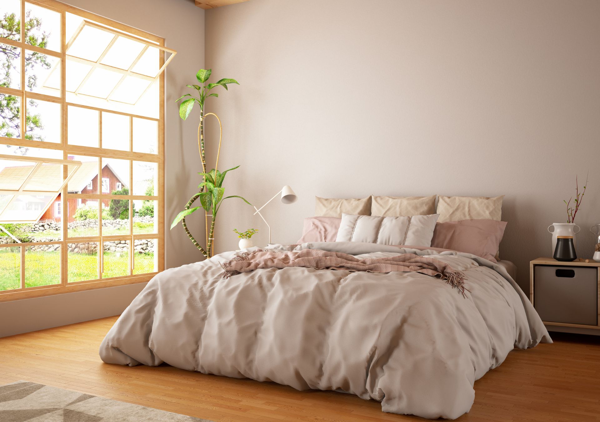 Sunlit bedroom with beige bedding and garden views
