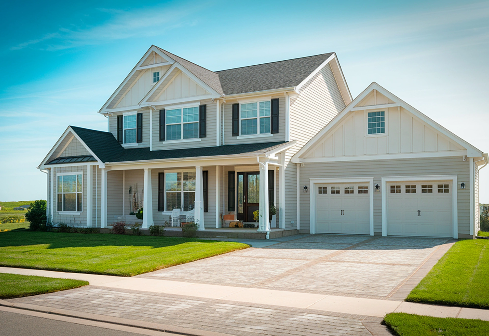 White two-story traditional home with three-car garage