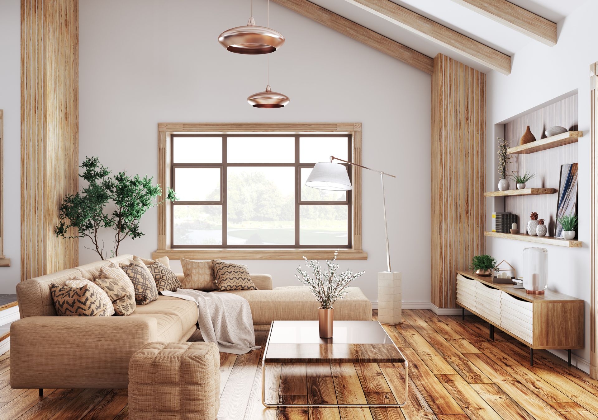 Modern living room with wood-paneled walls and copper pendant lights