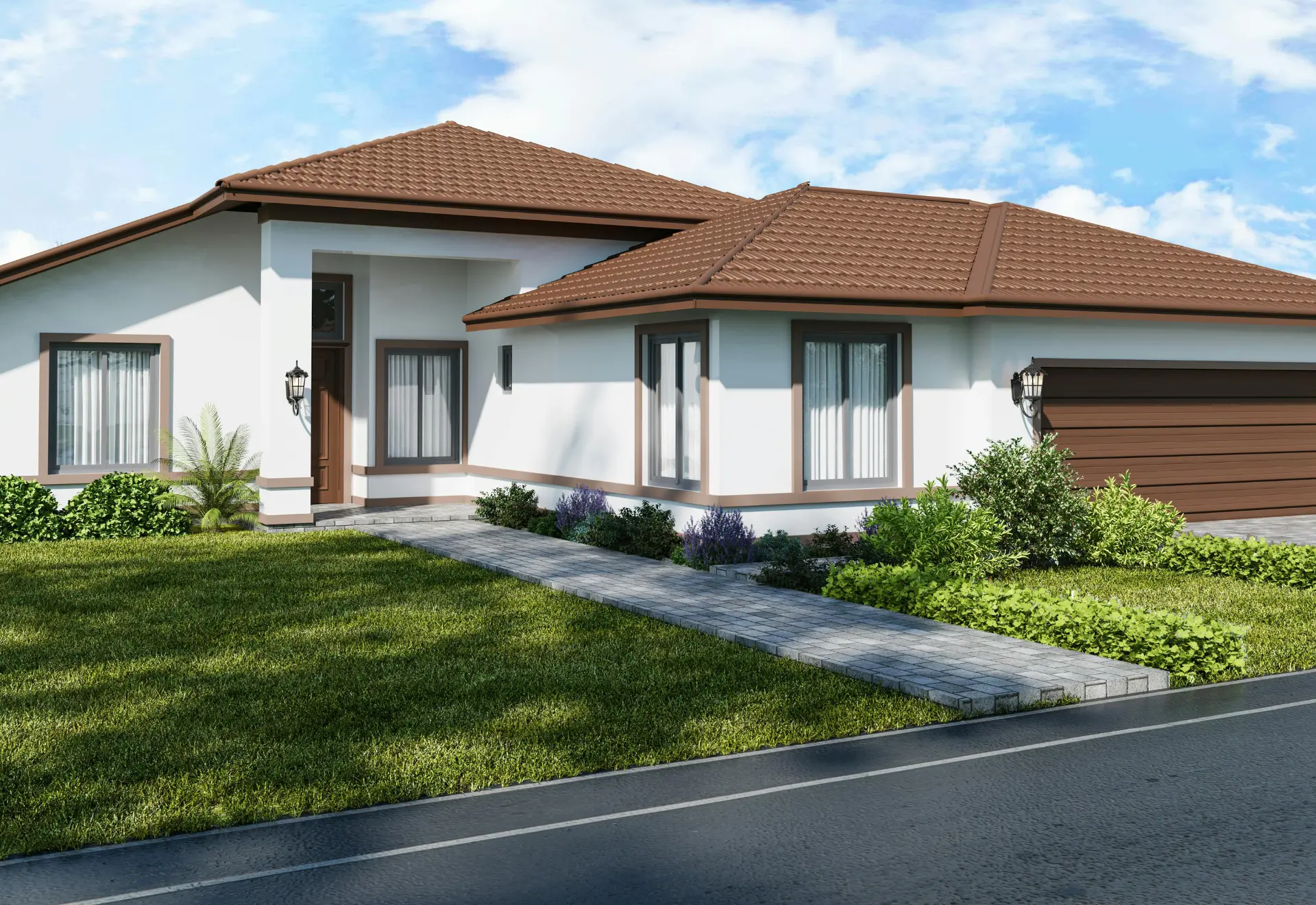 White ranch-style house with brown roof